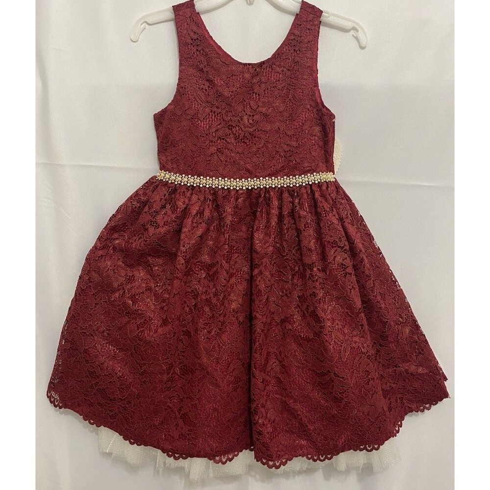 American Princess Girls 12 Burgundy Lace Holiday Party Dress Pearl Waist Tulle